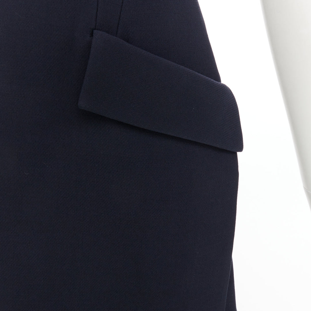 DIOR navy wool silk flap pocket darted slit sided sleeveless Aline dress FR34 XS