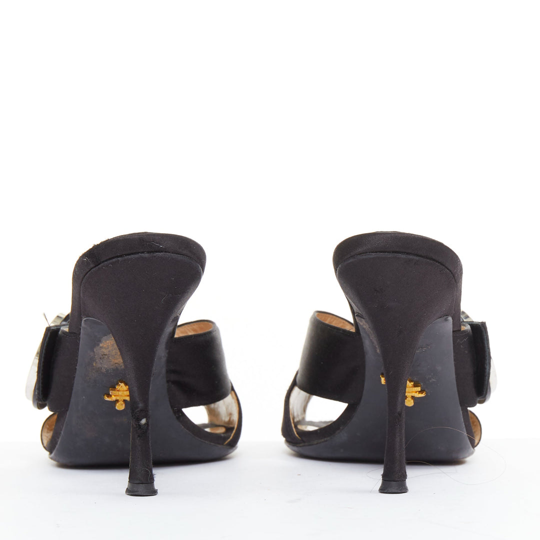 PRADA black satin green clear crystal buckle open toes muled sandals EU36.5
