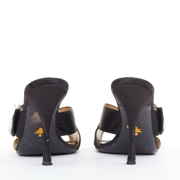 PRADA black satin green clear crystal buckle open toes muled sandals EU36.5