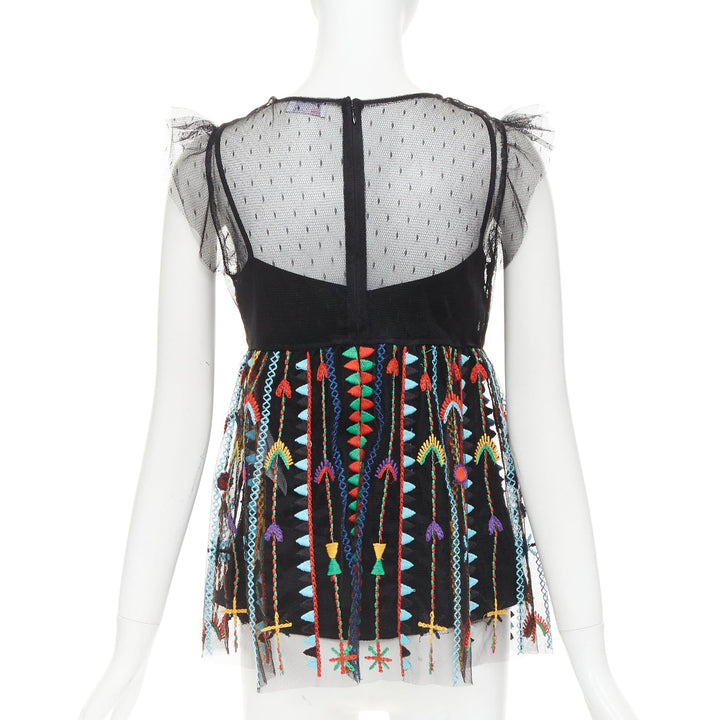 RED VALENTINO Love Celebration black bird heart embroidered ruffle top IT42 M