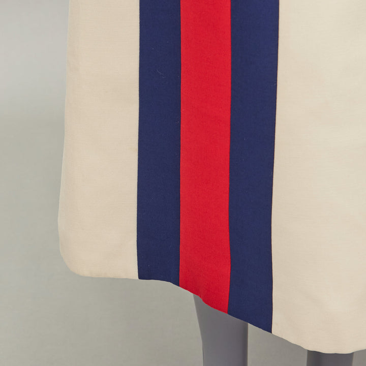 GUCCI blue red web trim front beige textured Aline midi skirt