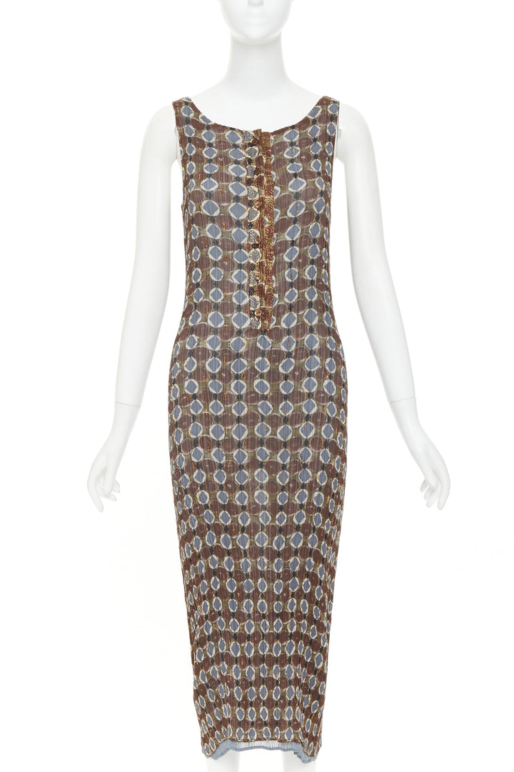 ISSEY MIYAKE Vintage Ajrakh brown blue tile print metallic ruffle pleat dress S