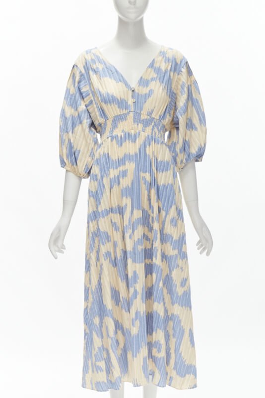 DIANE VON FURSTENBERG beige blue print lattice embroidery puff sleeve dress US8