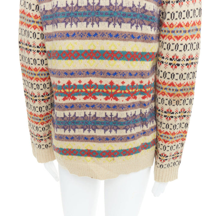 DRIES VAN NOTEN beige striped fairisle shetland wool sweater L