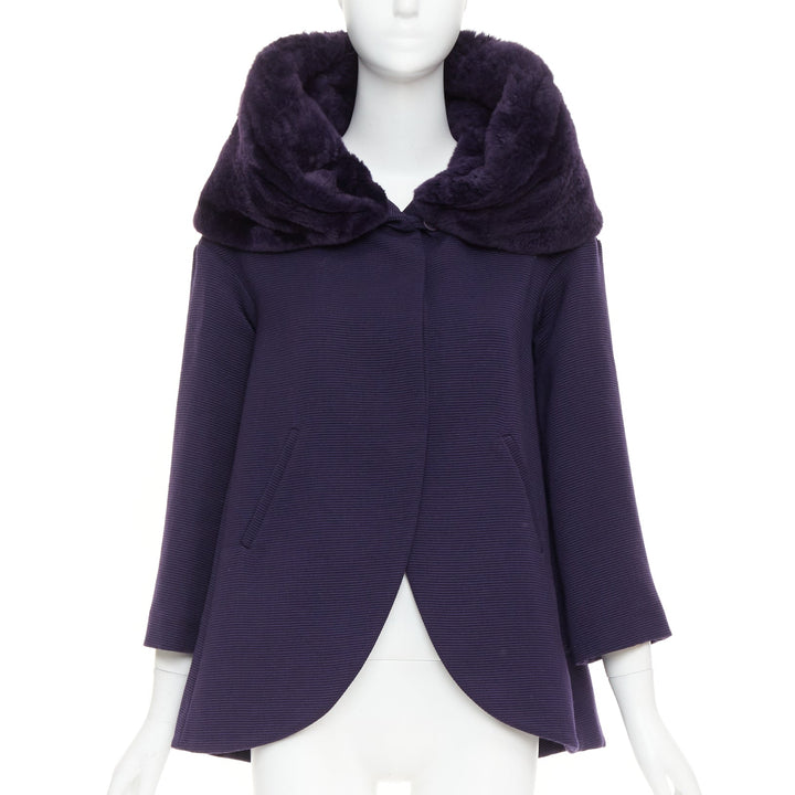 rare ROMEO GIGLI JOYCE pruple virgin wool plush fur collar swing coat IT38 XS