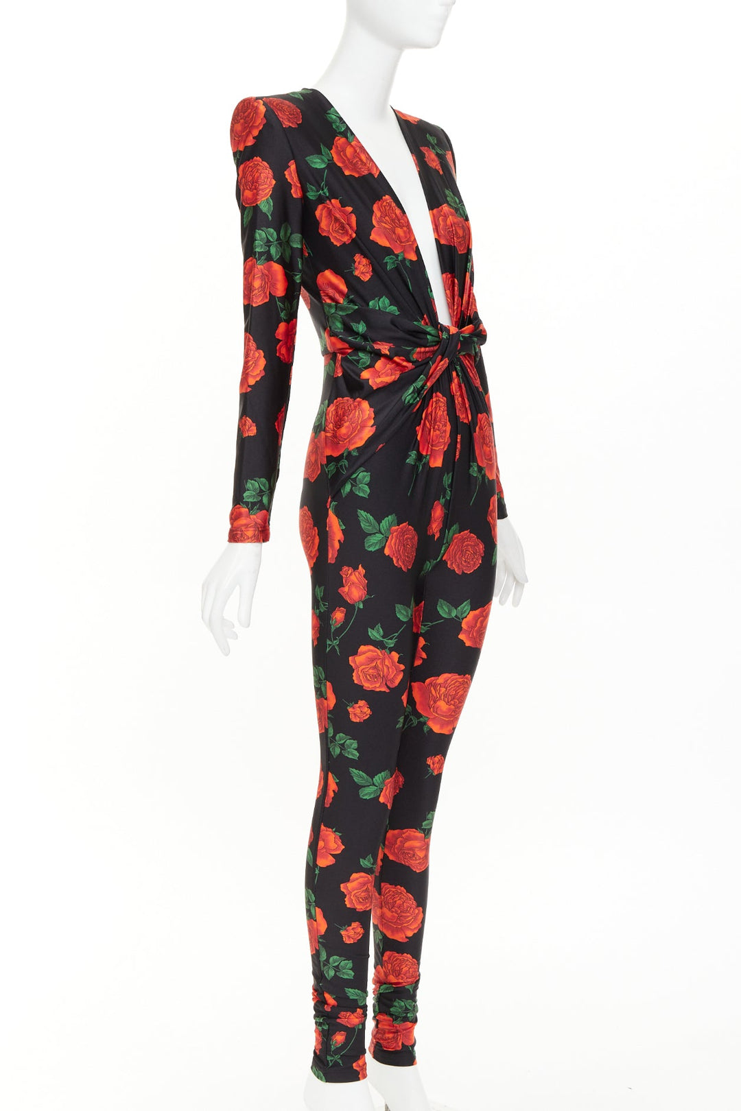SAINT LAURENT 2022 Runway twist plunging black red rose floral jersey catsuit S