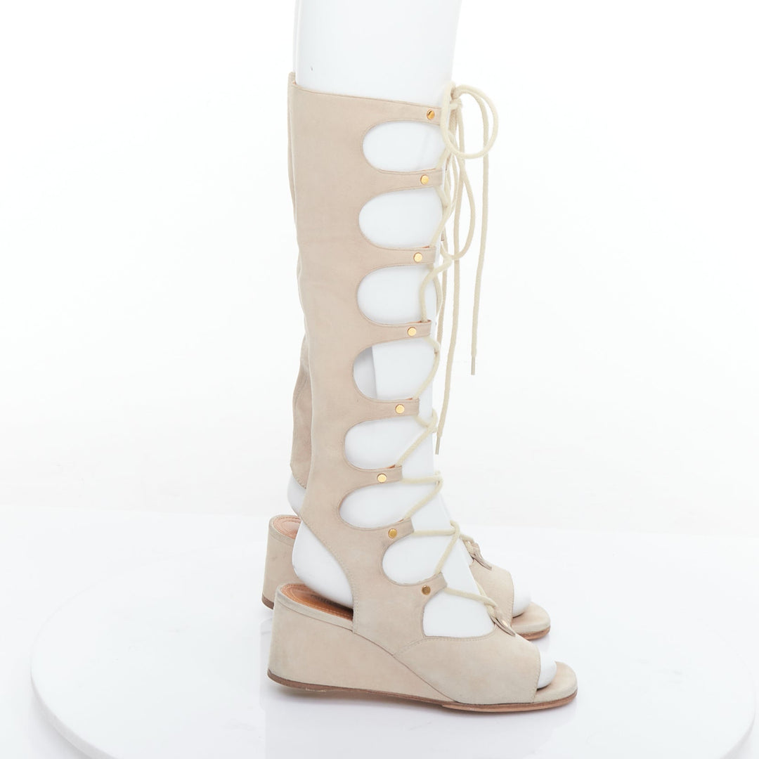 CHLOE 2015 Runway beige suede lace up open toe gladiator wedges EU37