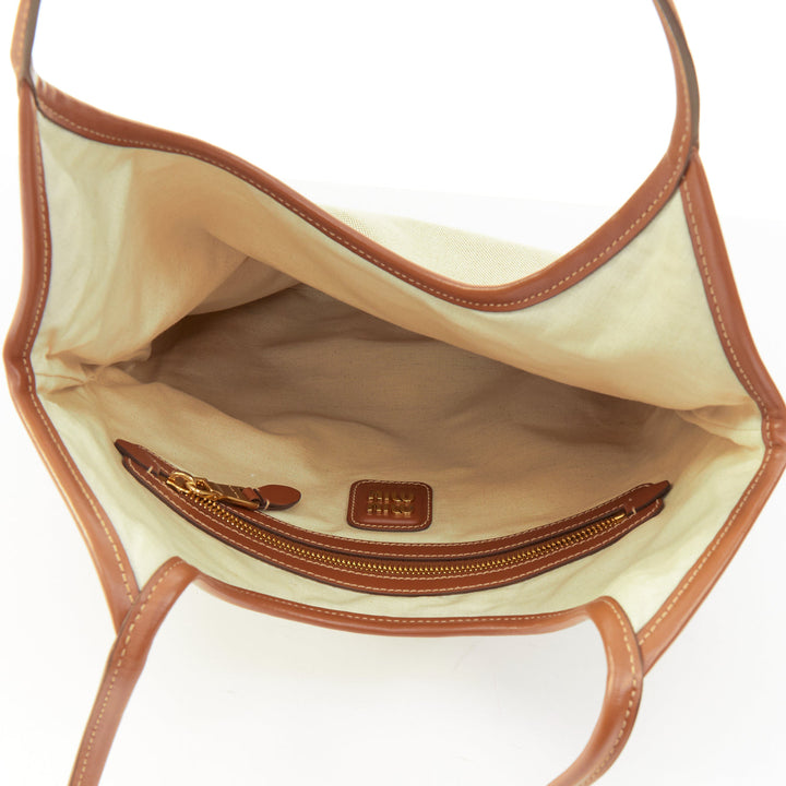 MIU MIU 2023 Ivy beige canvas brandy brown leather trim shoulder tote bag