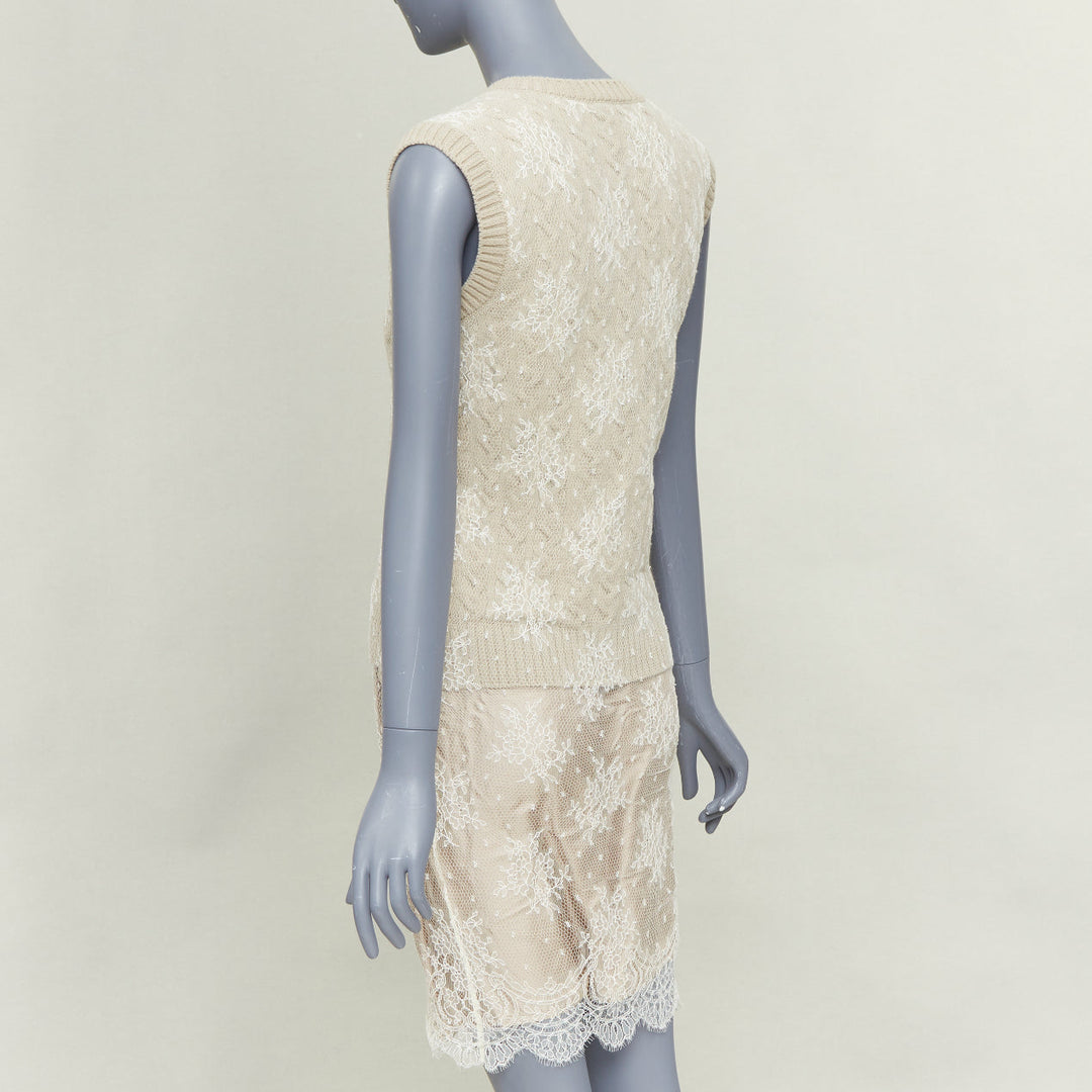 LOUIS VUITTON beige wool cream lace overlay V neck sleeveless knit dress S