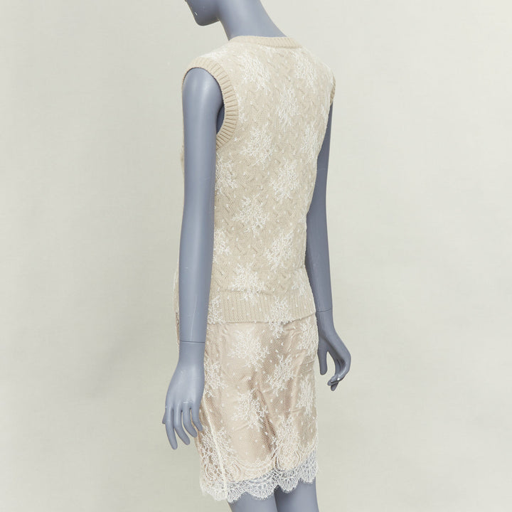 LOUIS VUITTON beige wool cream lace overlay V neck sleeveless knit dress S