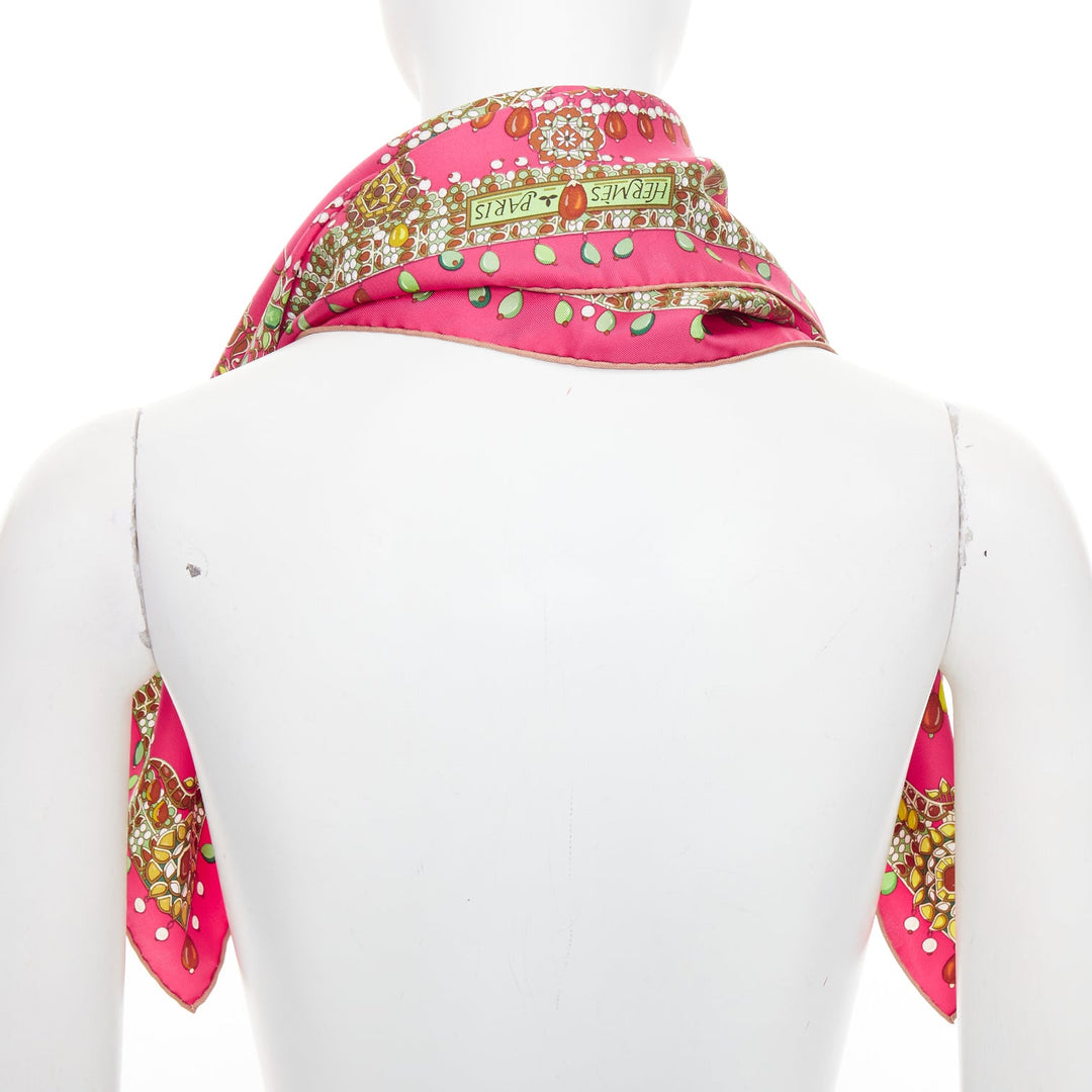 HERMES Parures des Maharajas pink green 100% silk jewel print scarf 90cm