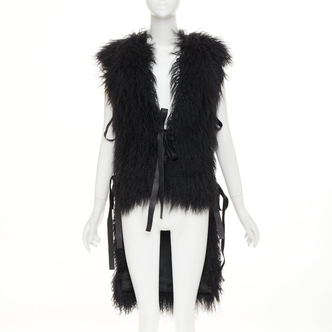 GIVENCHY black Mongolia shearling fur leather ribbon high low vest coat IT36 XXS