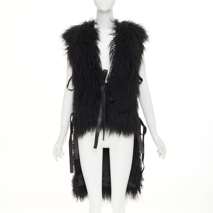 GIVENCHY black Mongolia shearling fur leather ribbon high low vest coat IT36 XXS