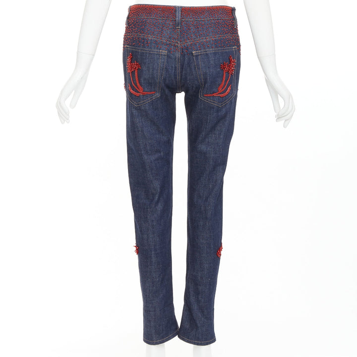 PRADA 2017 Runway red beaded floral embellishment straight leg cropped jeans 25"