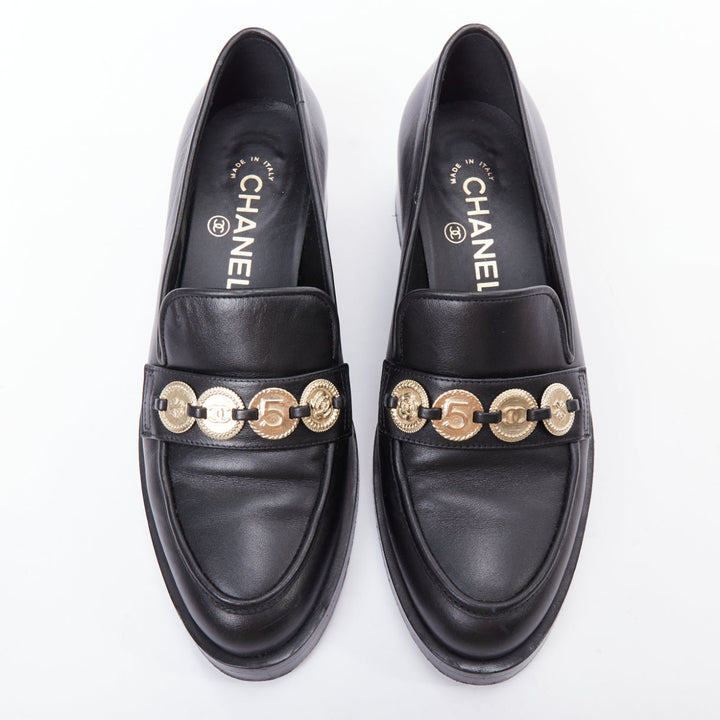 CHANEL 2023 black leather gold CC 5 coin embellished classic loafers EU37