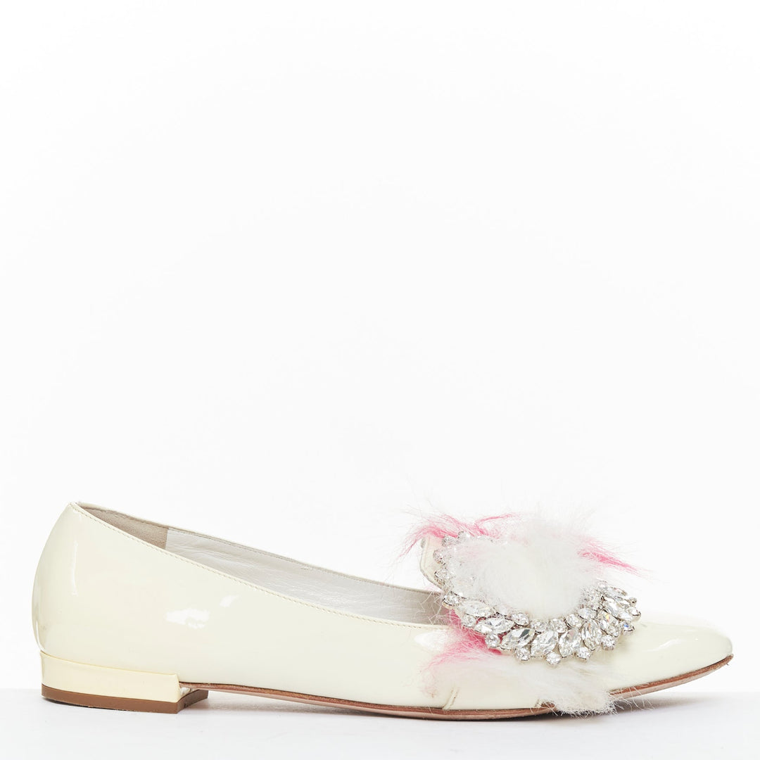 MIU MIU 2017 cream patent white pink faux fur buckle flats EU37.5