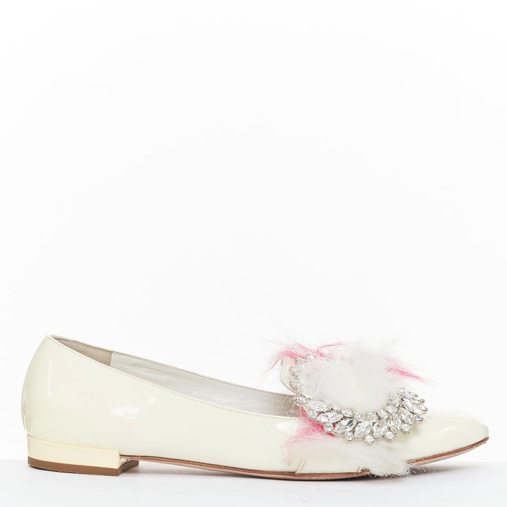 MIU MIU 2017 cream patent white pink faux fur buckle flats EU37.5