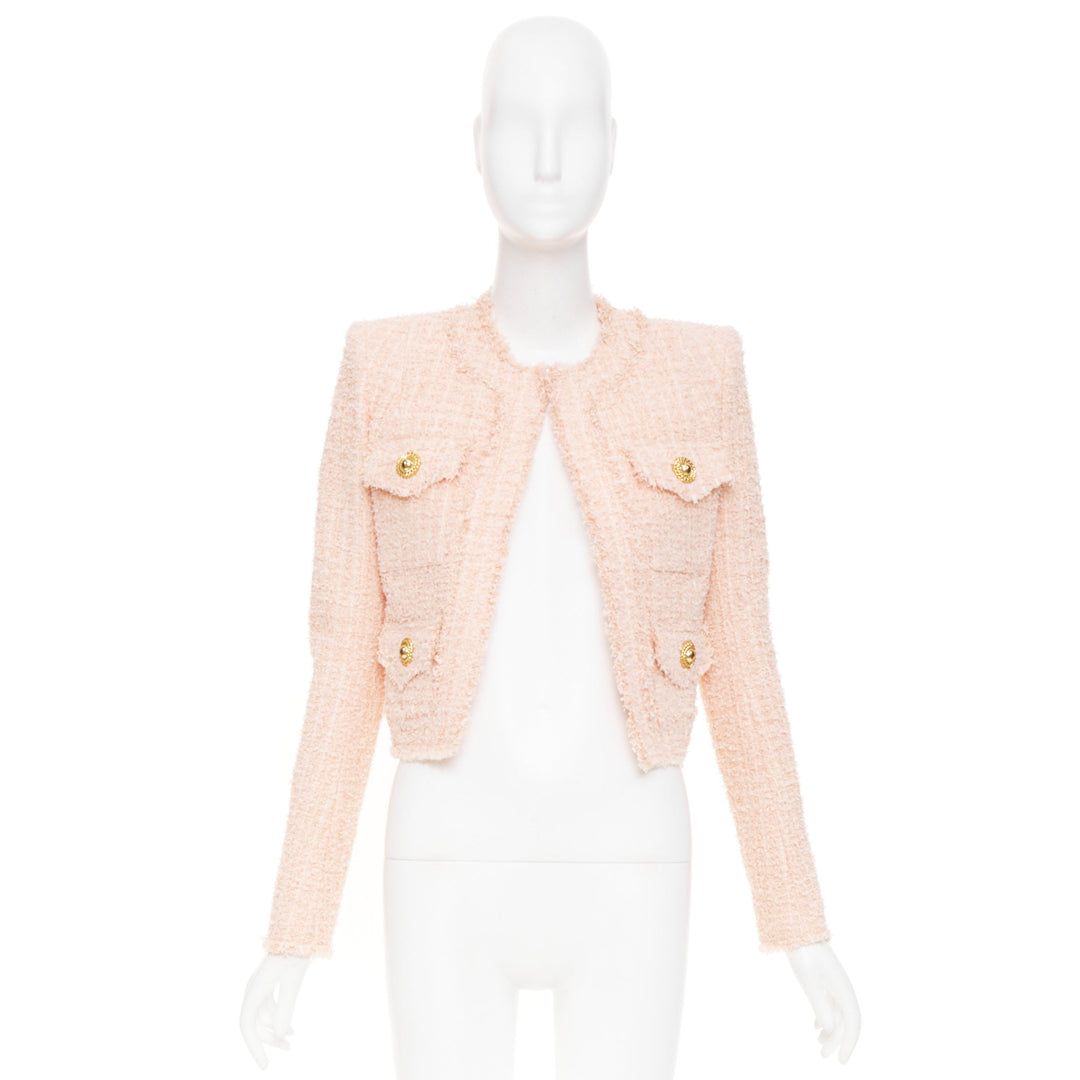 BALMAIN 2023 Pink Collarless Frayed Hem Four Pocket Cropped Tweed jacket FR34 XS