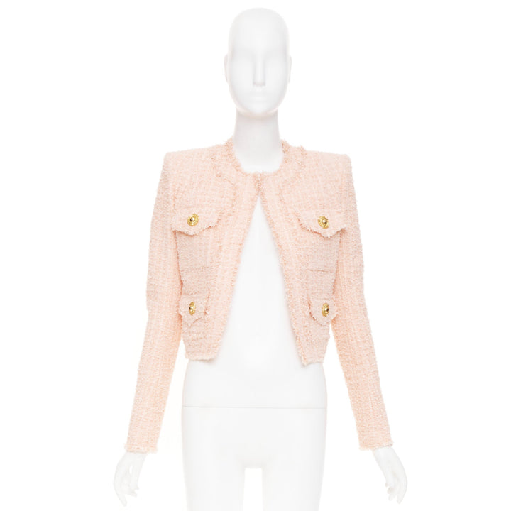 BALMAIN 2023 Pink Collarless Frayed Hem Four Pocket Cropped Tweed jacket FR34 XS