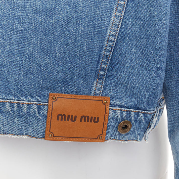 MIU MIU 2020 blue washed denim hand painted daisy floral cropped jacket IT36 XXS