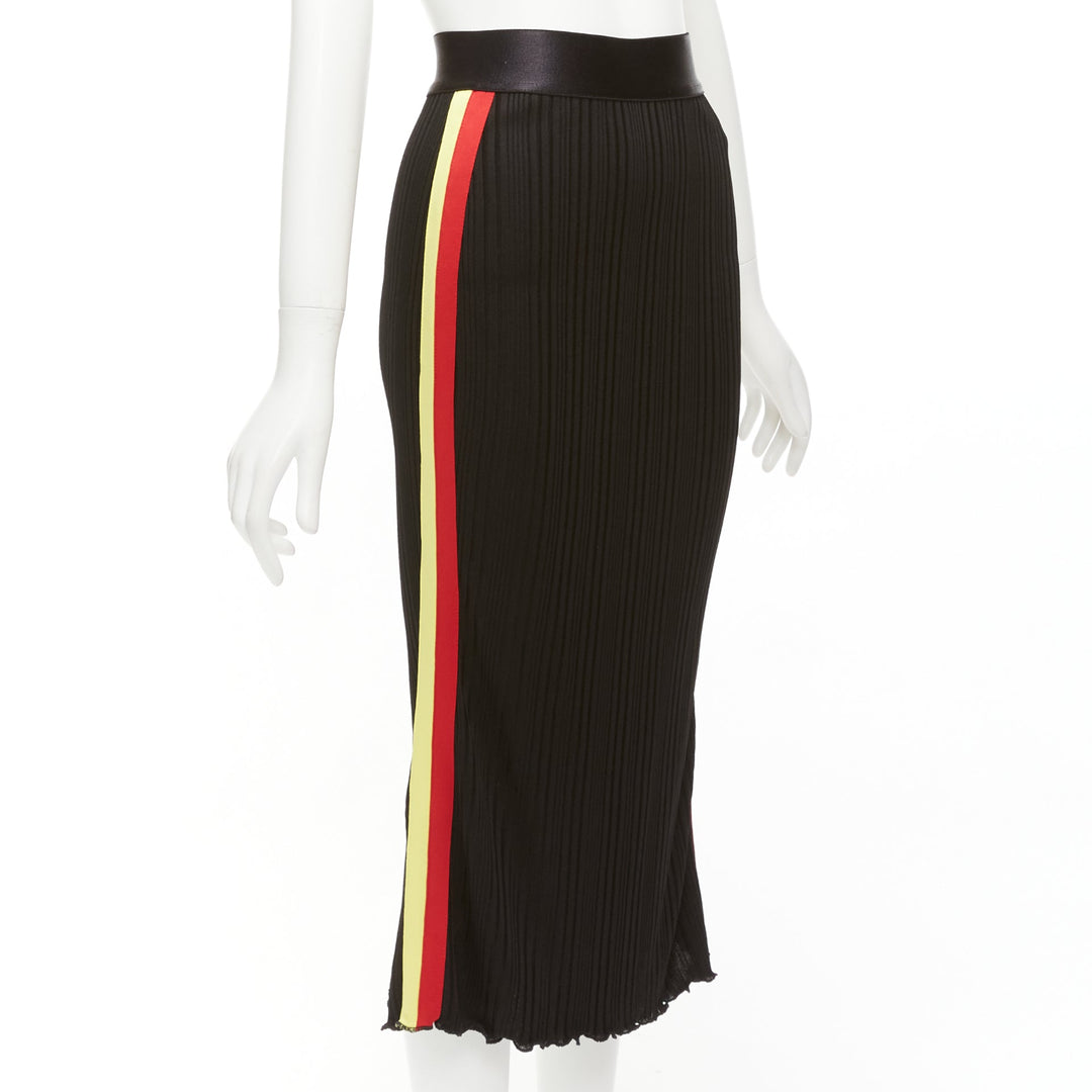 ELLERY black viscose yellow red tape ribbed high waist pleated skirt UK6 XS