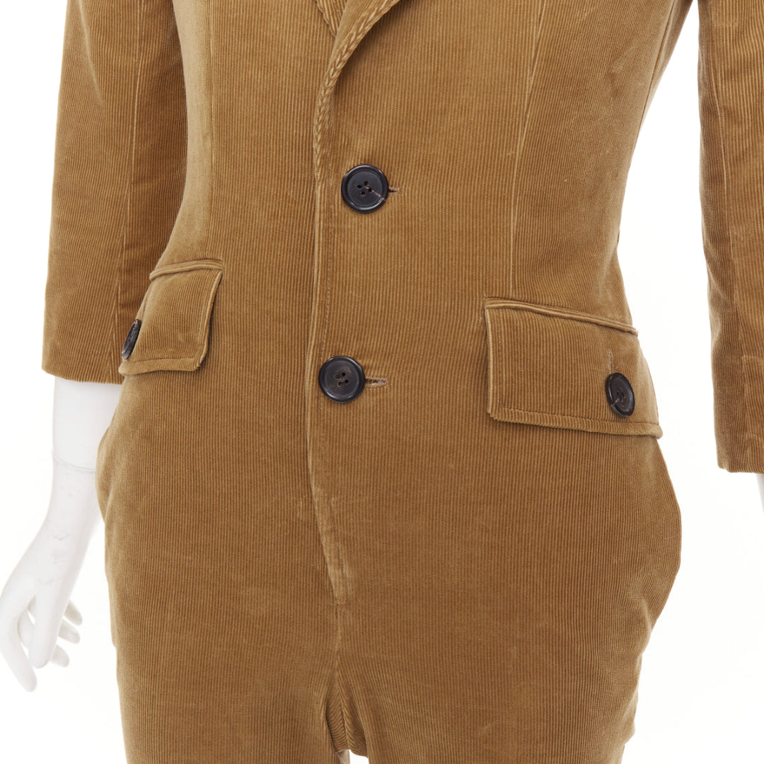 SAINT LAURENT 2022 Runway peak lapel brown cotton corduroy black jumpsuit FR34