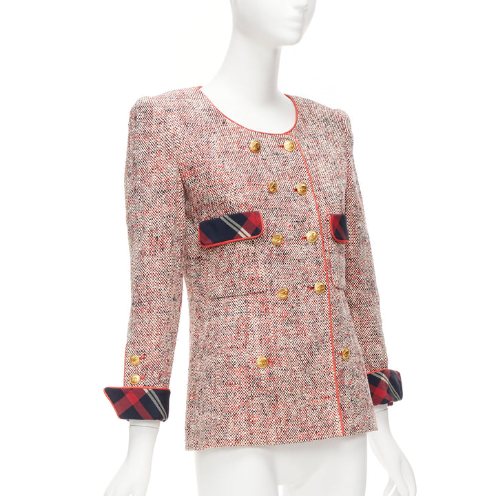 CHANEL Vintage red boucle tweed gold button double breast blazer jacket FR34 XS