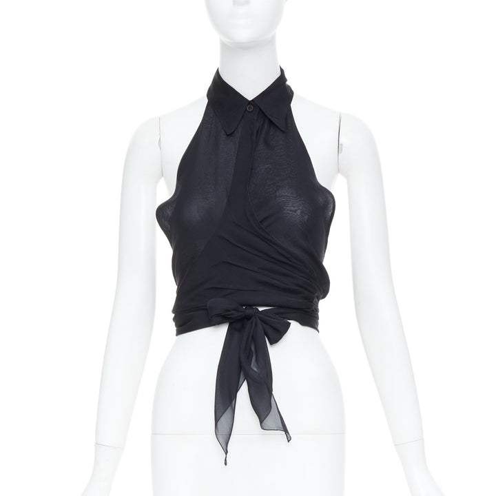 EMPORIO ARMANI black sheer silk chiffon halter wrap self tie top IT38 XS