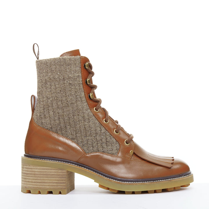 CHLOE Franne khaki fabric trimmed brown combat ankle boots EU40