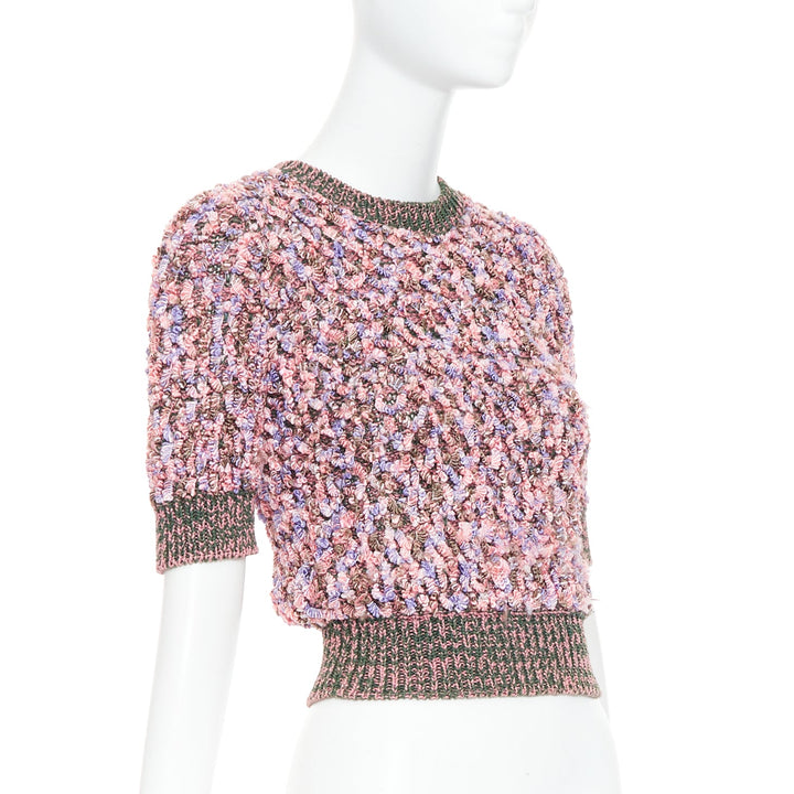 CHANEL 2015 pink green textured boucle knit CC resin crop sweater FR34 XS