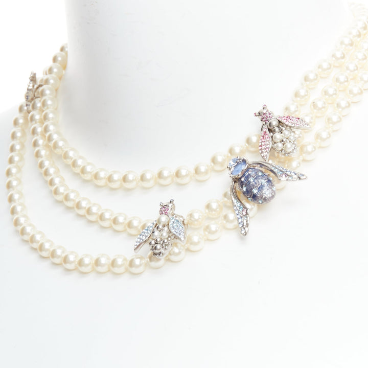rare CHANEL 16B blue pink insect crystal charms trio pearl princess necklace