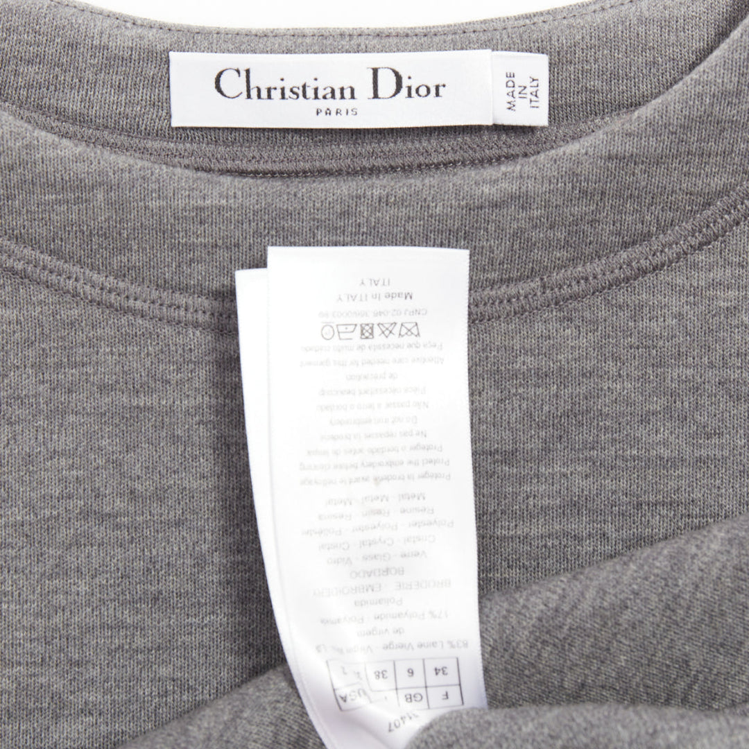 DIOR 2017 grey wool blend black crystal embellished crest sweatshirt FR34 XS