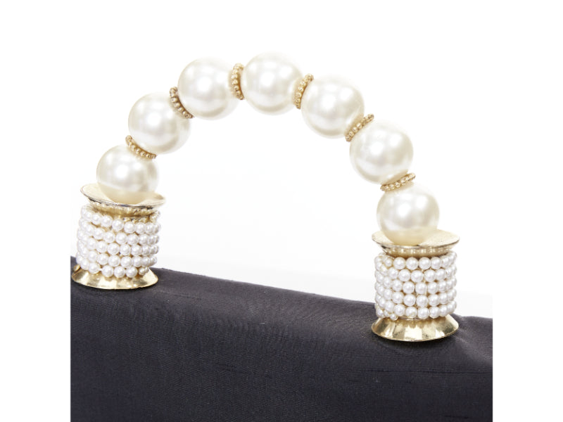 MOSCHINO 1990s Vintage black raw silk pearl gold handle tassel top handle bag