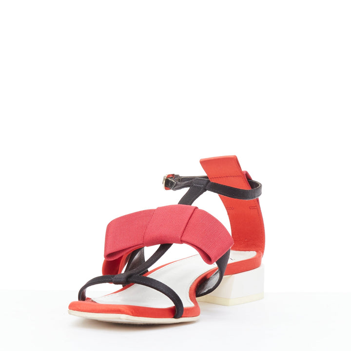 LANVIN 2018 Runway bow embellished red satin T-strap chunky sandals EU37