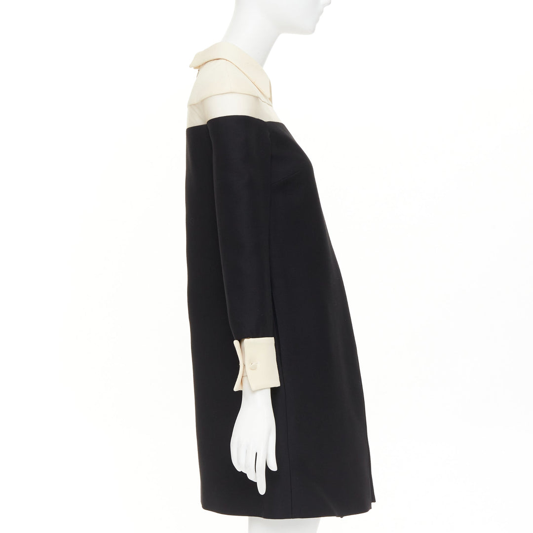 VALENTINO 2014 black beige sheer tulle wool silk inverted pleat dress IT40 S