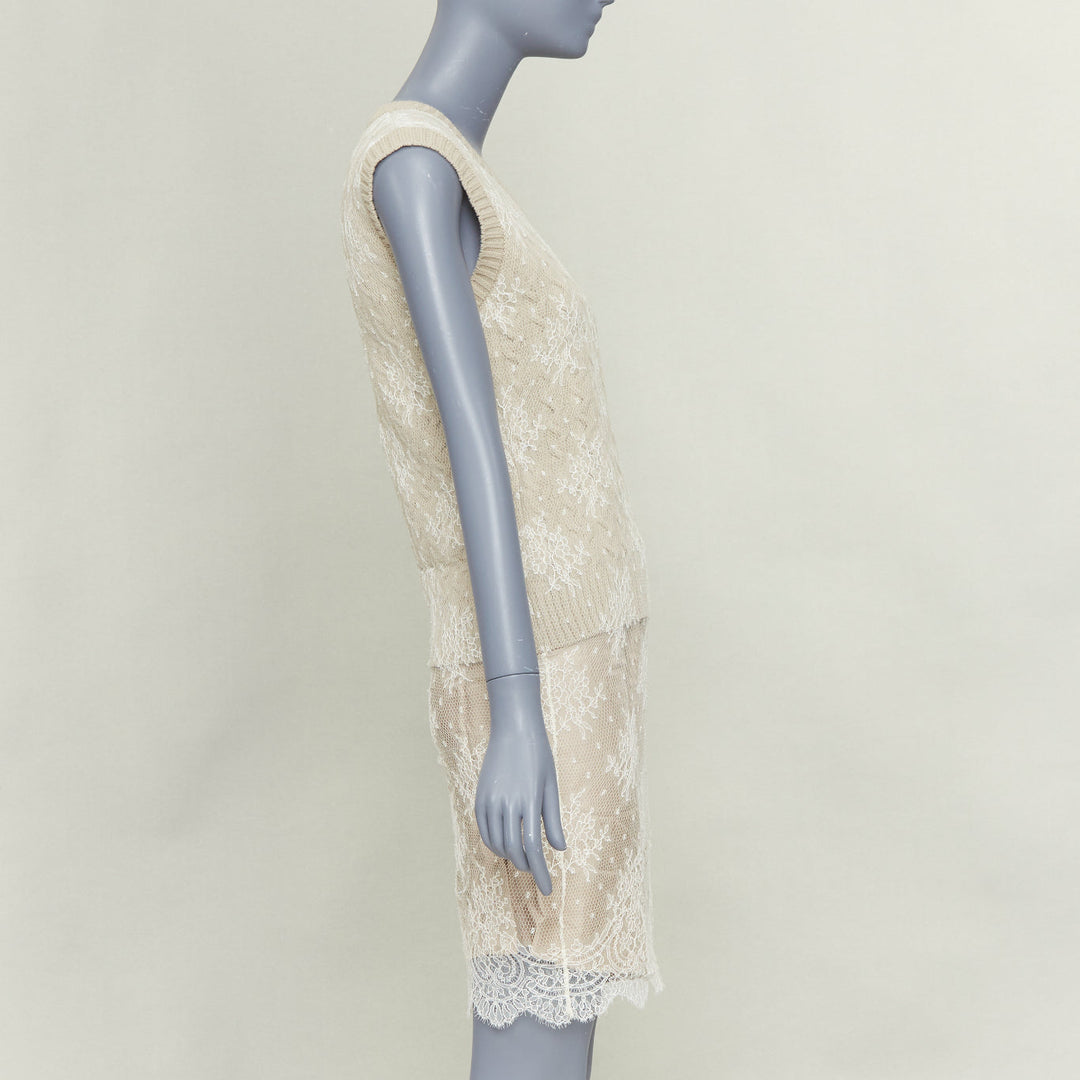 LOUIS VUITTON beige wool cream lace overlay V neck sleeveless knit dress S