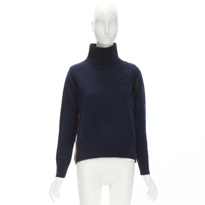 SACAI 100% wool navy red striped embroidery anglais flared turtleneck JP1 S