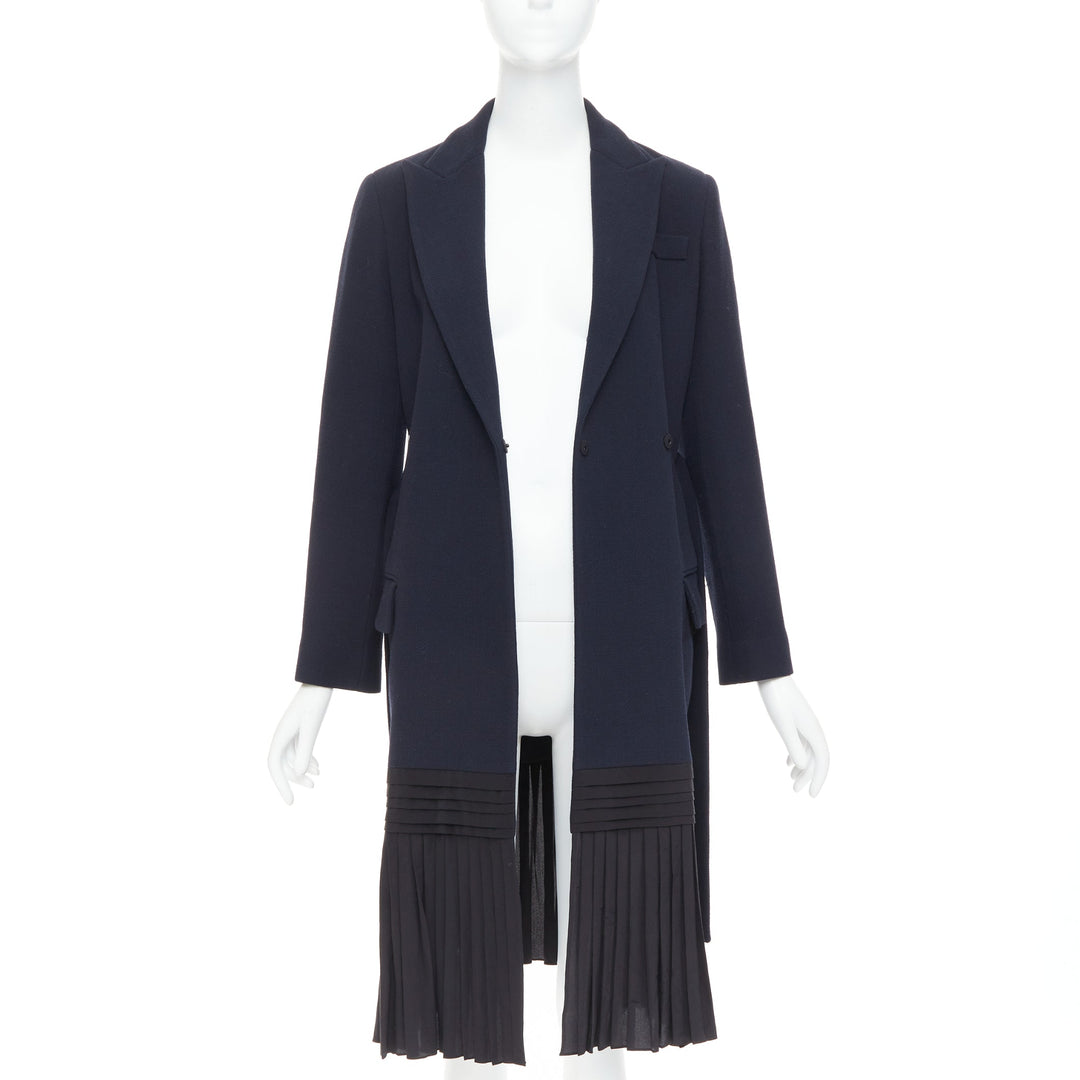 DIOR navy virgin wool silk lined pleated hem belted coat FR36 S