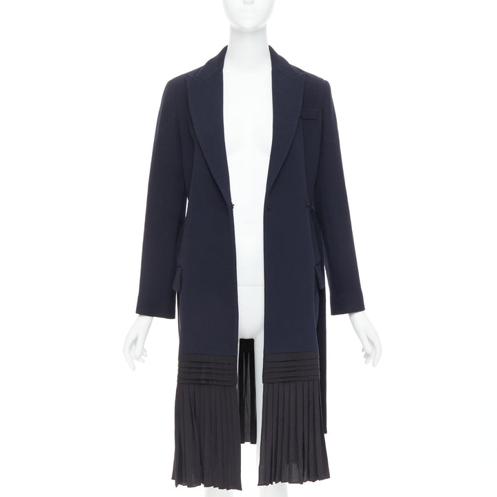DIOR navy virgin wool silk lined pleated hem belted coat FR36 S