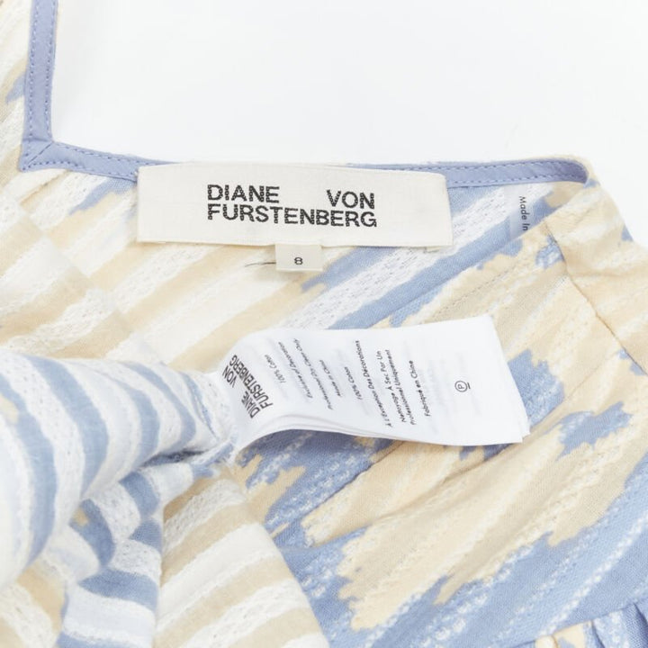DIANE VON FURSTENBERG beige blue print lattice embroidery puff sleeve dress US8