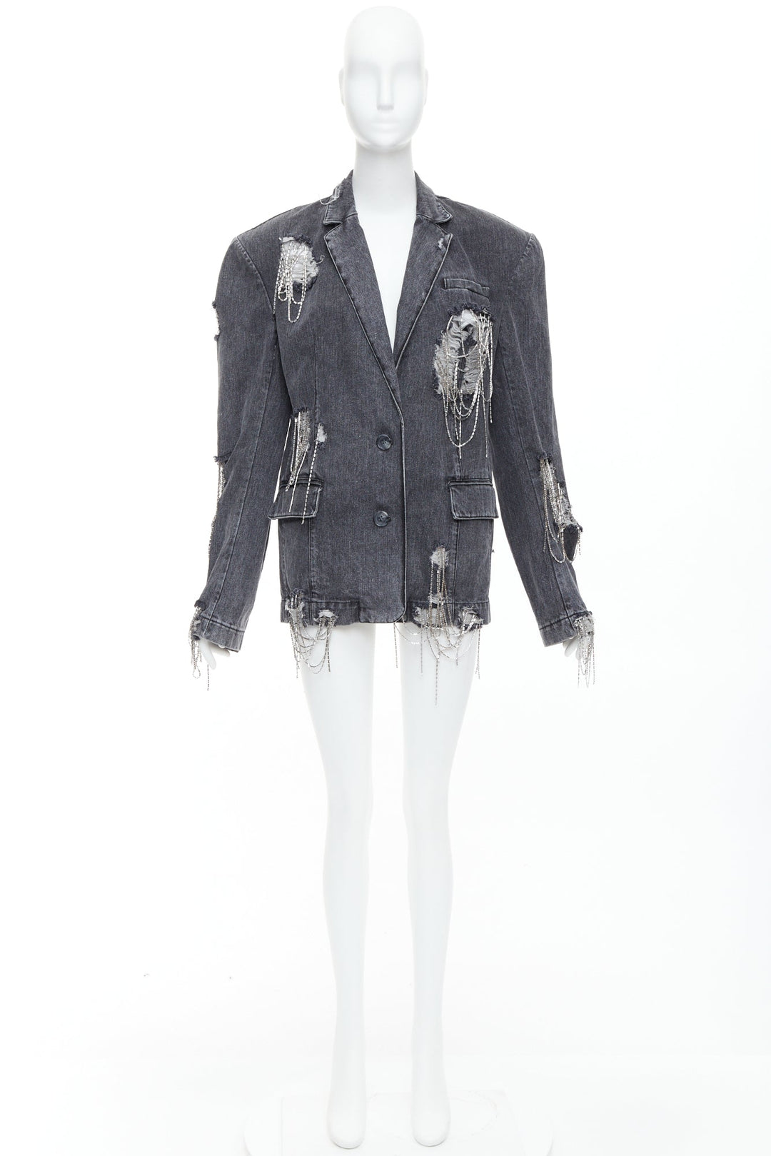 MARKGONG grey denim clear beads chain embellished blazer FR36 S