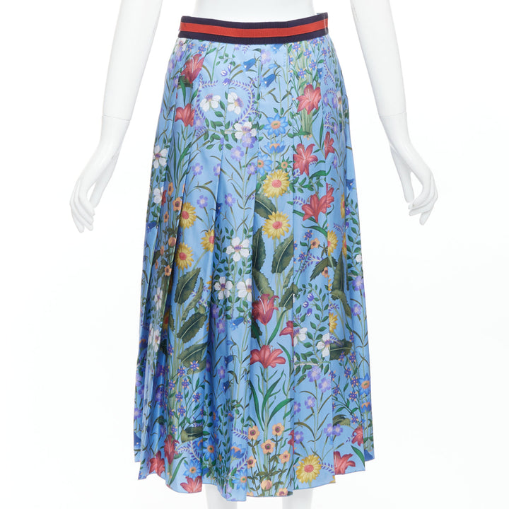 GUCCI 2016 New Flora 100% silk blue bloom pleated skirt IT42 M