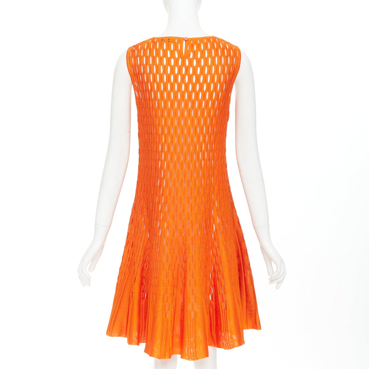DIOR orange viscose blend perforated knit cream silk line fit flare dress FR38 M