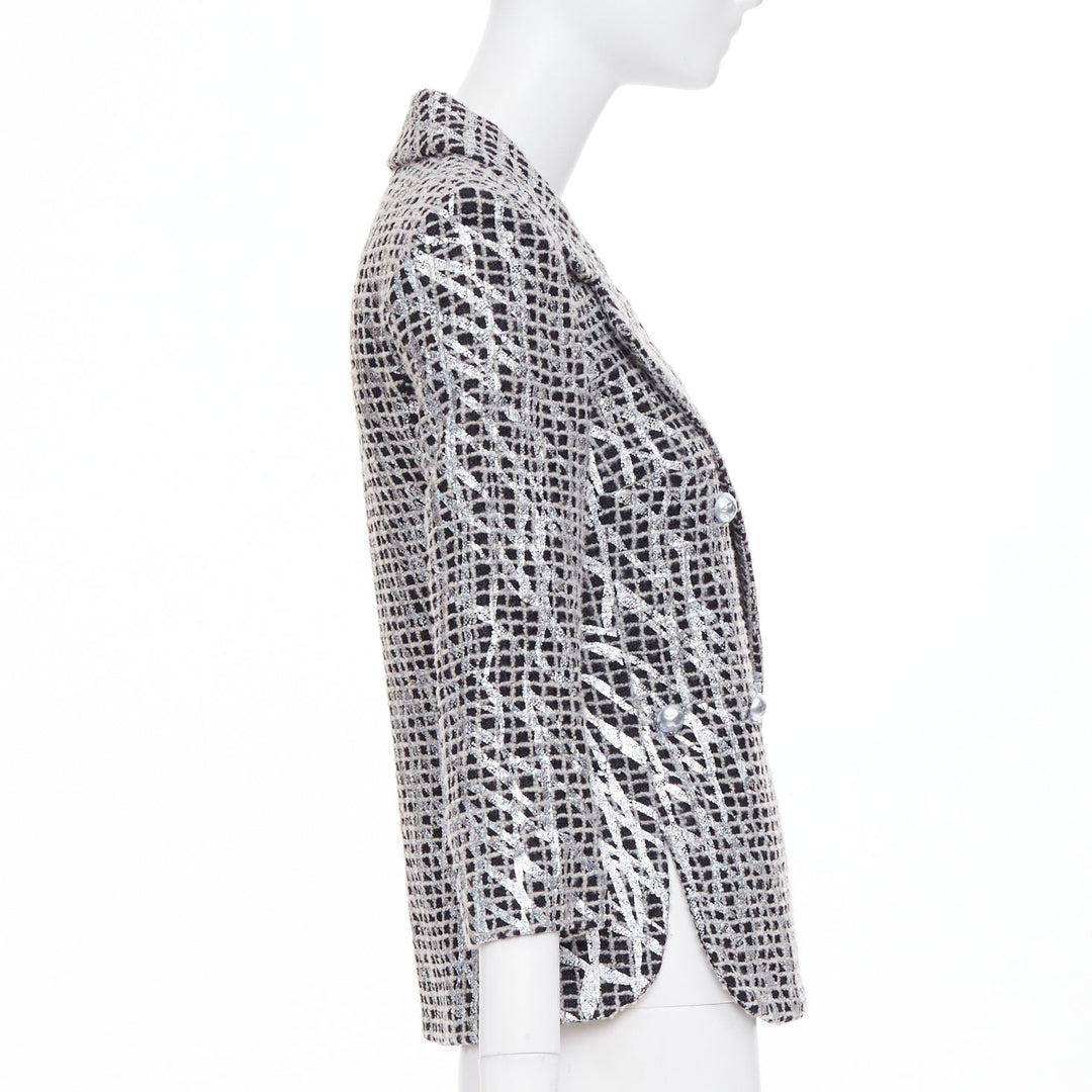 CHANEL 2012 Runway Silver Metallic Graffiti black check tweed jacket FR36 XS