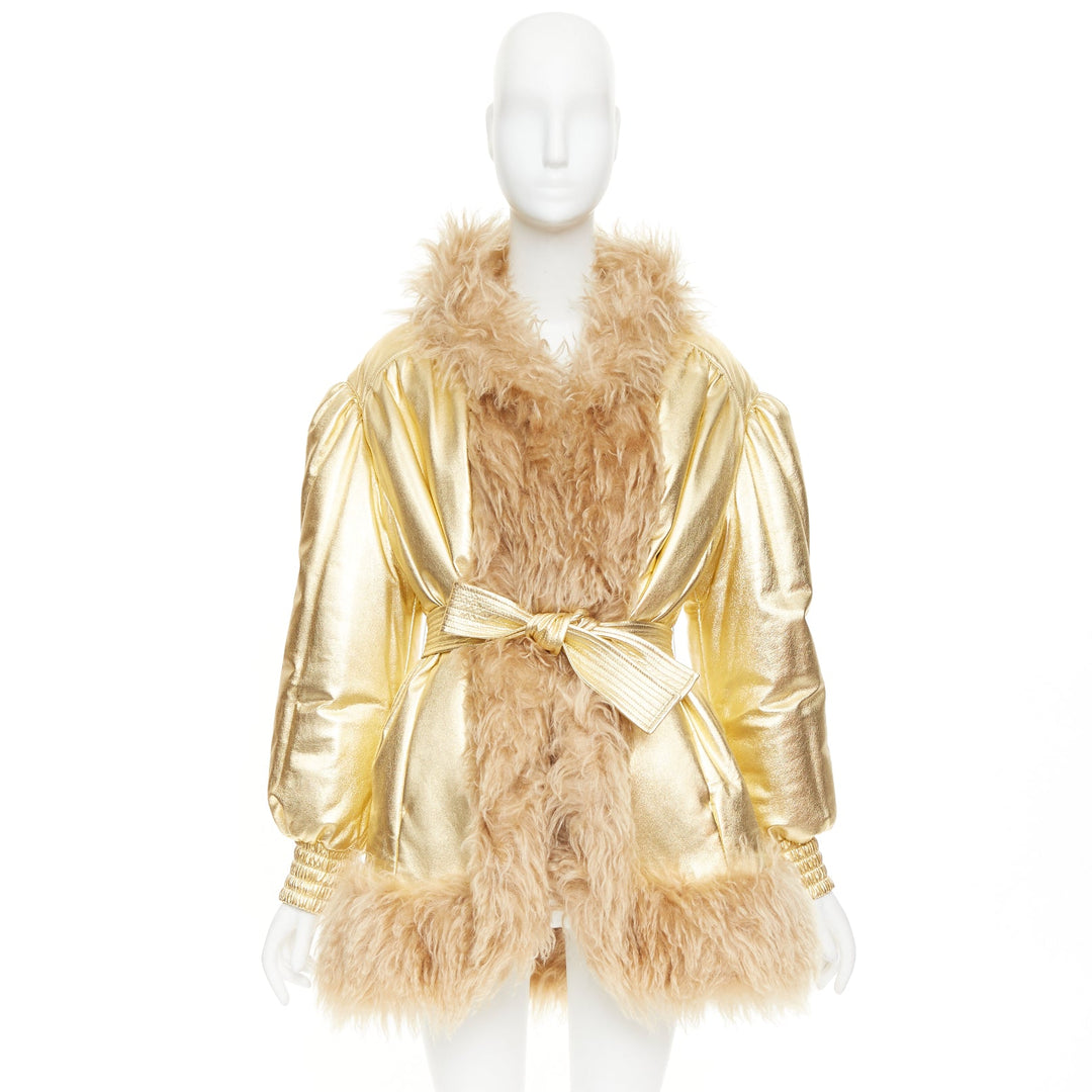MIU MIU 2019 gold lambskin brown mohair shaggy fur collar robe coat IT36 XXS