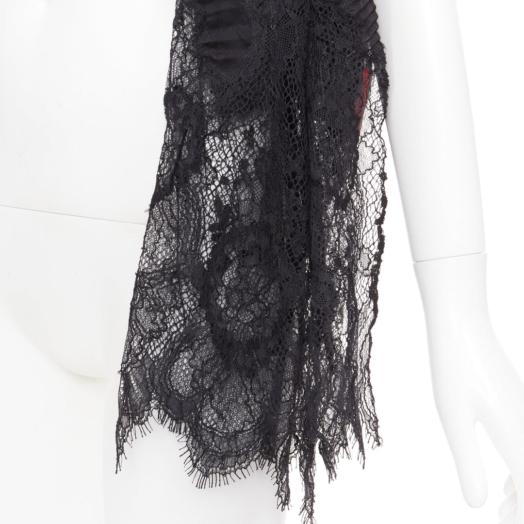 VALENTINO black cashmere bend pleated delicate floral lace trim long scarf