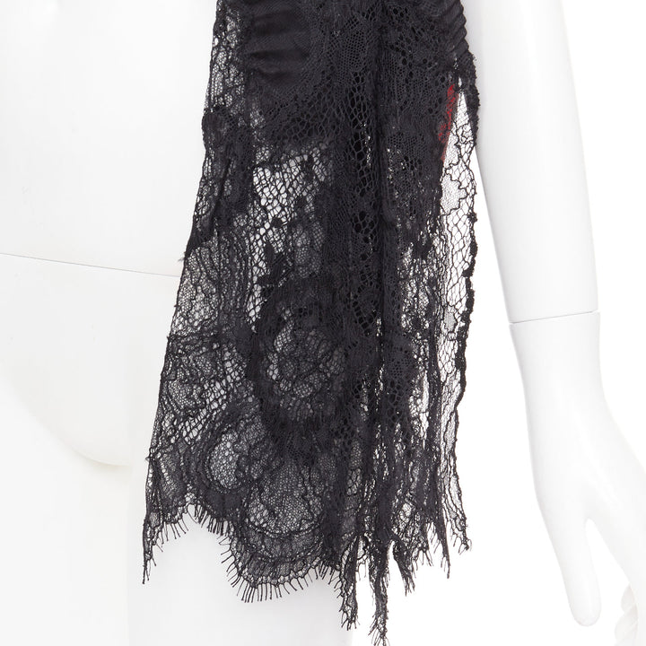 VALENTINO black cashmere bend pleated delicate floral lace trim long scarf
