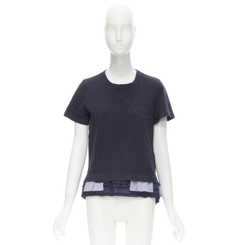 SACAI 2017 navy washed cotton tiered pleated lace trimmed flared tshirt JP2 M