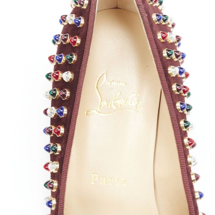 CHRISTIAN LOUBOUTIN Jewel tone Gripoix stud burgundy red suede loafer EU39.5