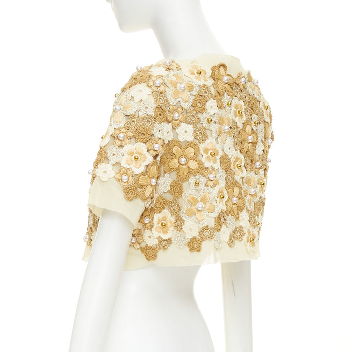 MOSCHINO Cheap Chic floral crochet faux pearl cropped bolero cardigan IT46 XL
